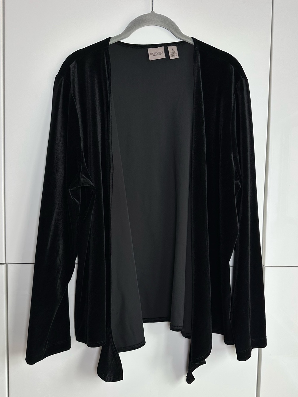 Chico’s Black Velvet Cardigan Size 3 (XL) Tie Front Open Evening Dressy Holiday
